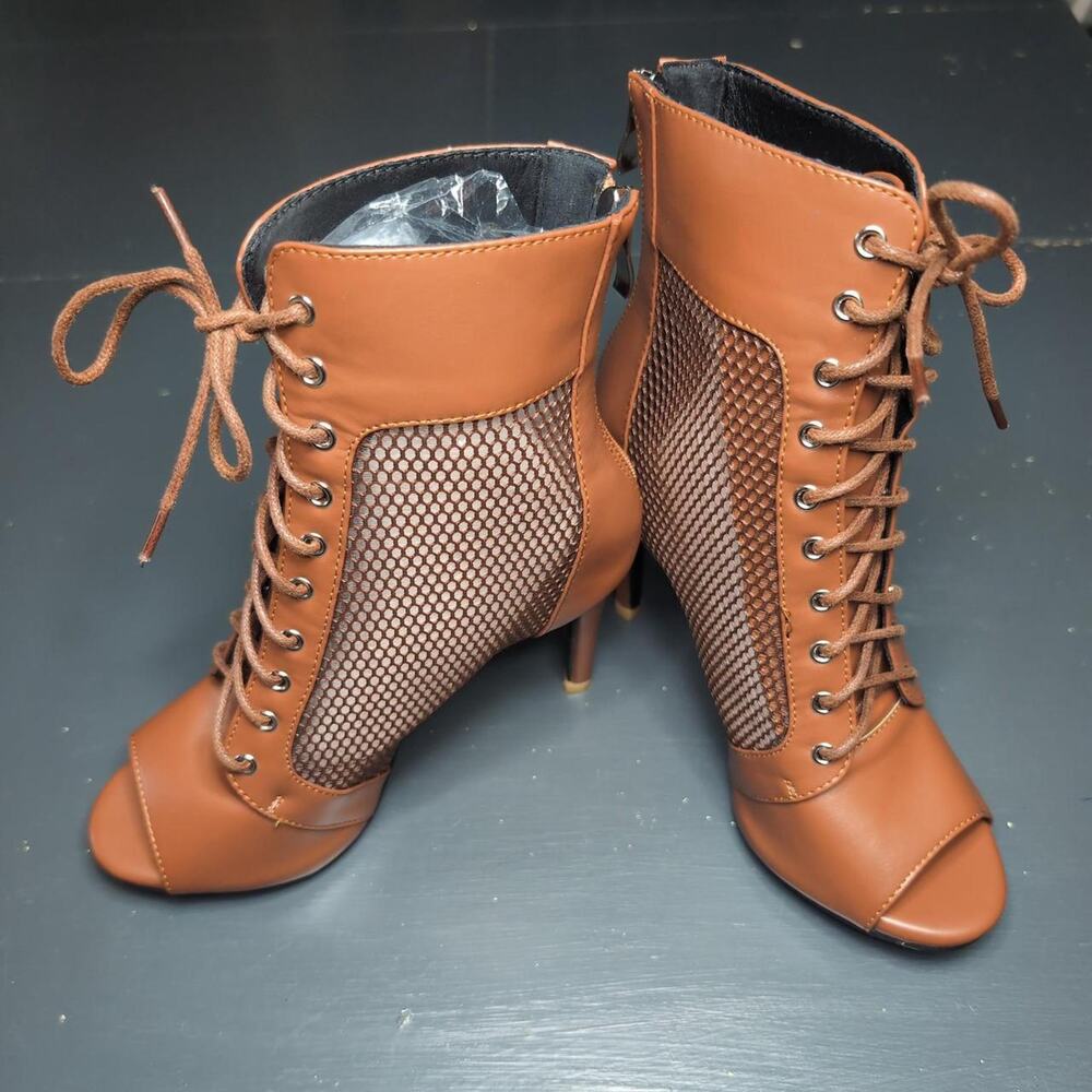 Brown fishnet lace up heeled